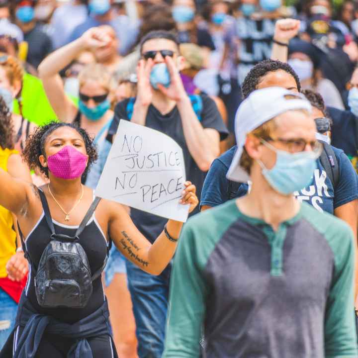 People marching in street protesting police violence