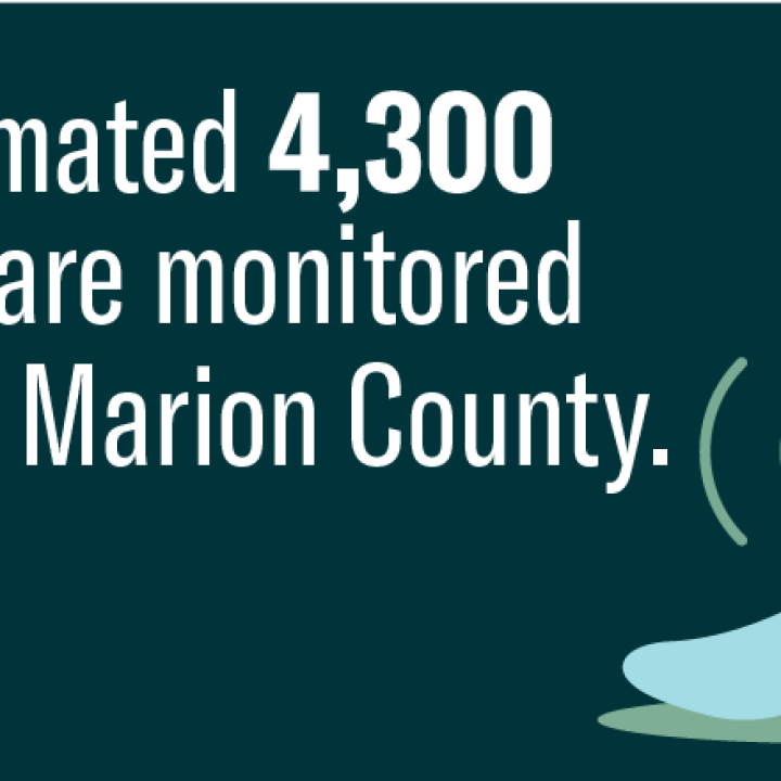 Ankle with electronic monitor and text reading An estimated 4,300 people are monitored daily in Marion County. 